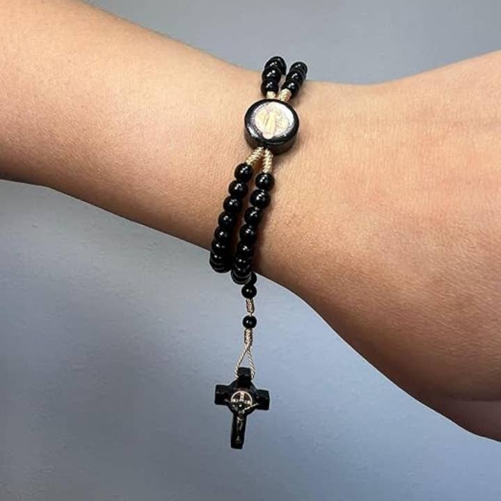 Catholica Shop - Wholesale Prayer Beads Bracelet - St Benedict Black Wood Rosary Bracelet – 4mm Beads3