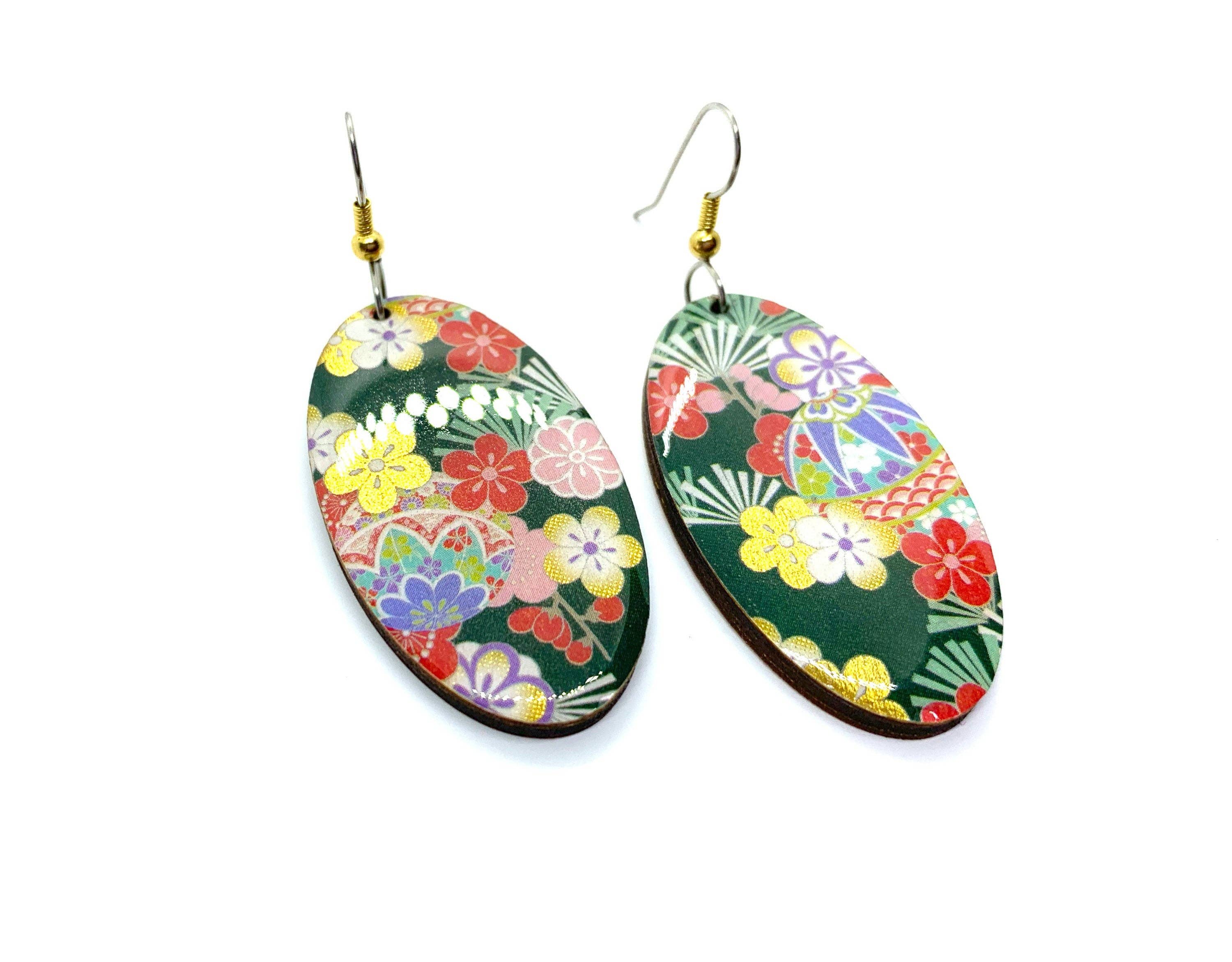 Prettykiku - Wholesale Dangle Earrings - Black Japanese Kimono Oval Earrings1