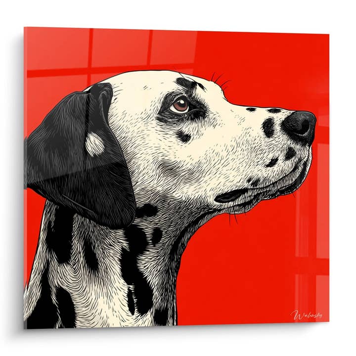 Quadro de Cão Branco e Preto com Olhar Contemplativo em Fundo Vermelho - Retrato Canino Moderno - Edição Dálmata por atacado de Walensky