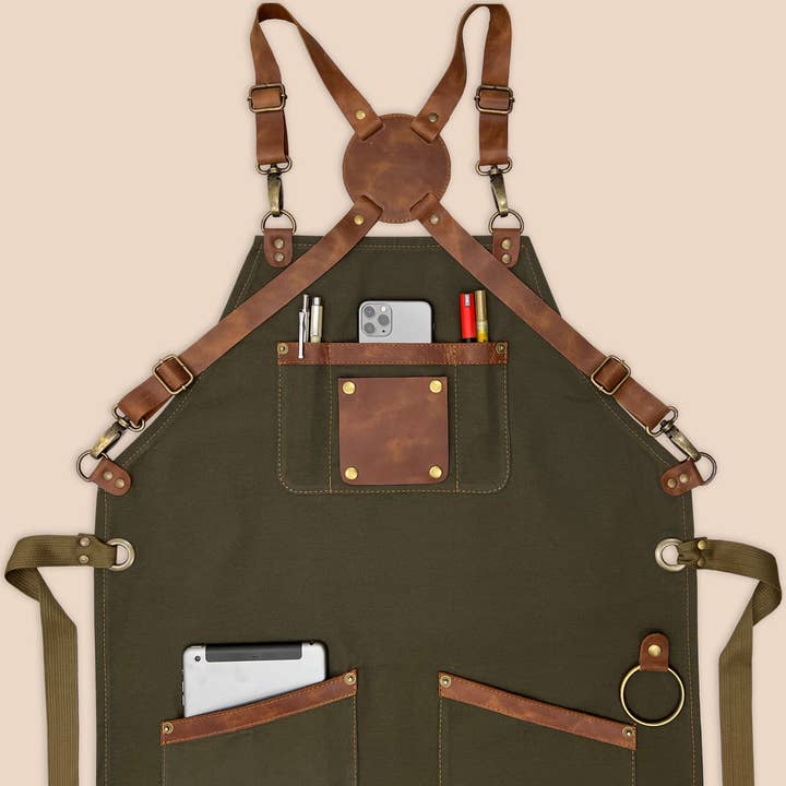 Green Apron For Men and Women | Personalized | Leather Straps for wholesale on Faire