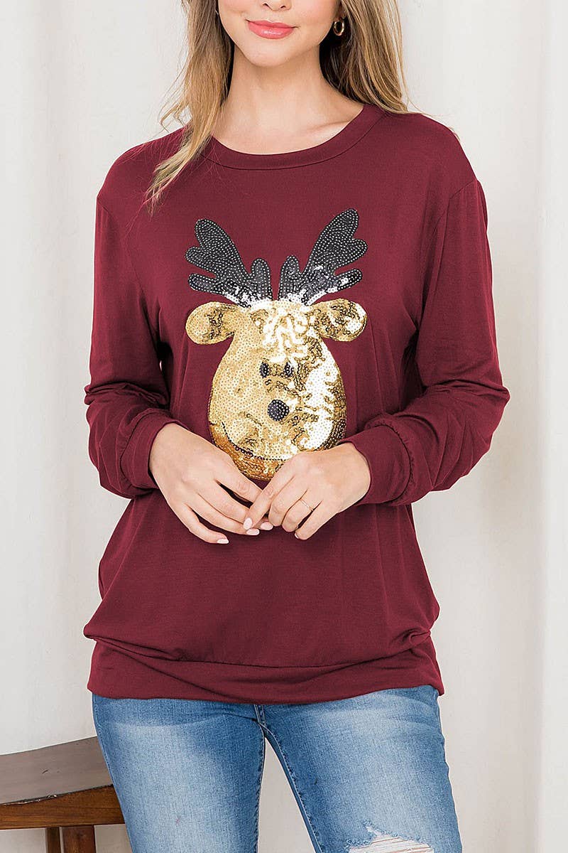 ROUSSEAU - Wholesale Tunic - Women's - SEQUIN MOOSE PRINT LONG SLEEVE TOP1