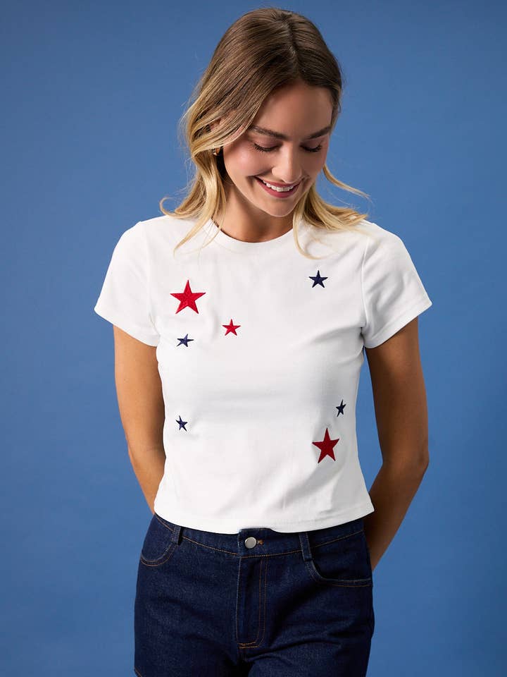 CREW NECK SHORT SLEEVE STAR EMBROIDERED BABY TEE for wholesale by Sunday Edition