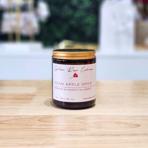 Cran Apple Spice 7 oz Amber Glass Beeswax Candle for wholesale by Golden Rose Embrace