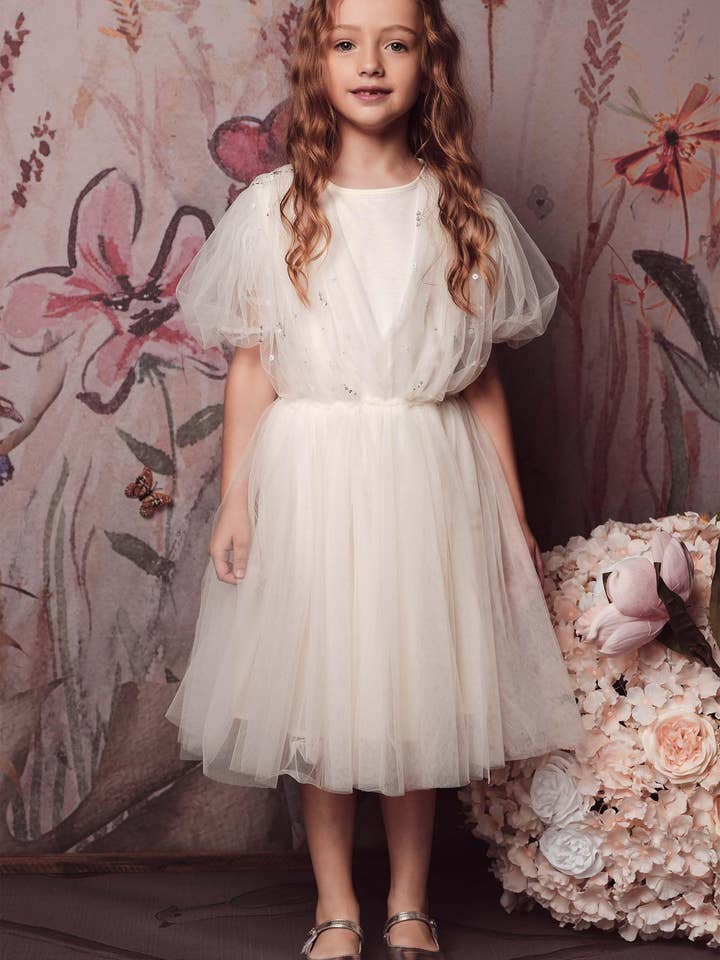 Simpatico abito da festa di compleanno in tulle con maniche a sbuffo per la vendita all'ingrosso da parte di Tutuland