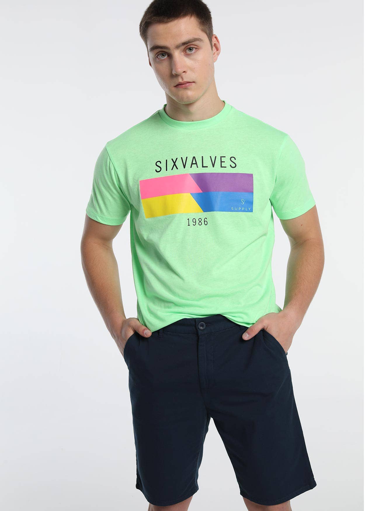 Green SIX VALVES - Basic short sleeve t-shirt with M graphic for wholesale on Faire