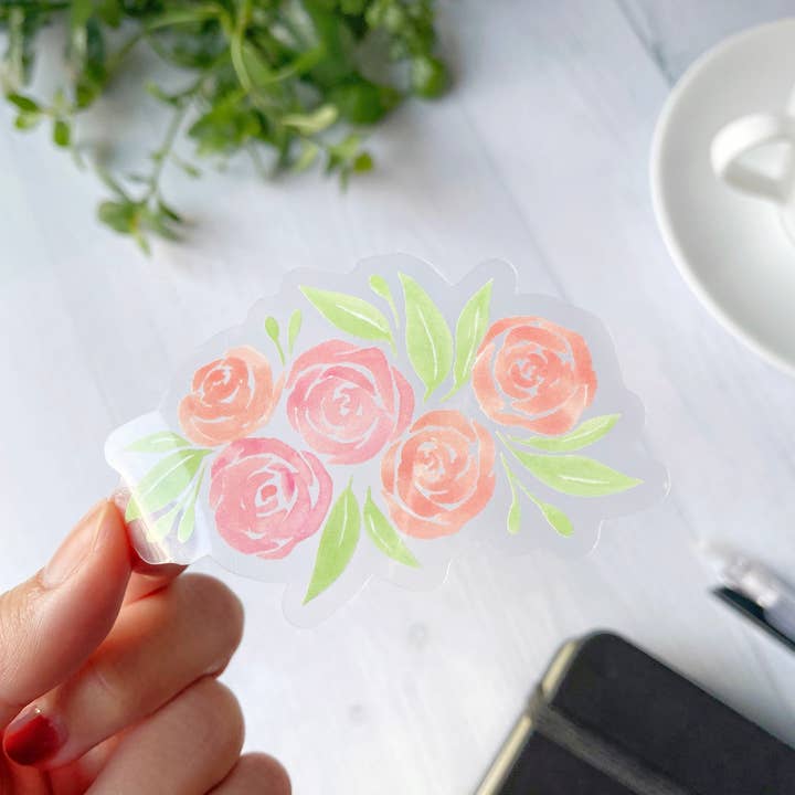 Kela Designs - Wholesale Sticker - Pink Watercolor Roses Clear Vinyl Sticker