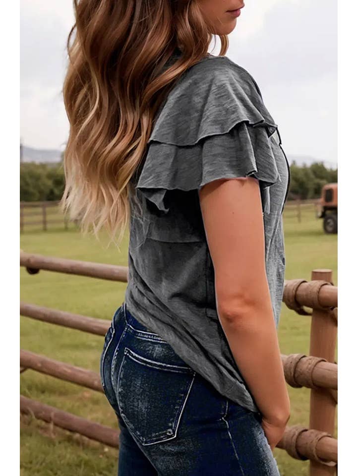 fashionworks - Wholesale Blouse - Women's - Fashion Western Layered Ruffle Short Sleeve Round Neck Top