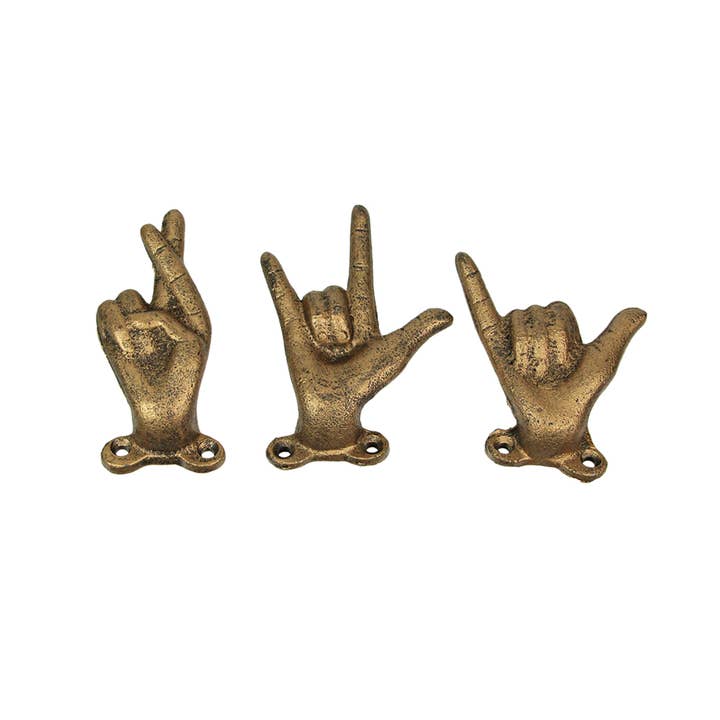 Zeckos – wholesale Wall hook – Set of 3 Antique Gold Cast Iron Hand Gesture Wall Hooks