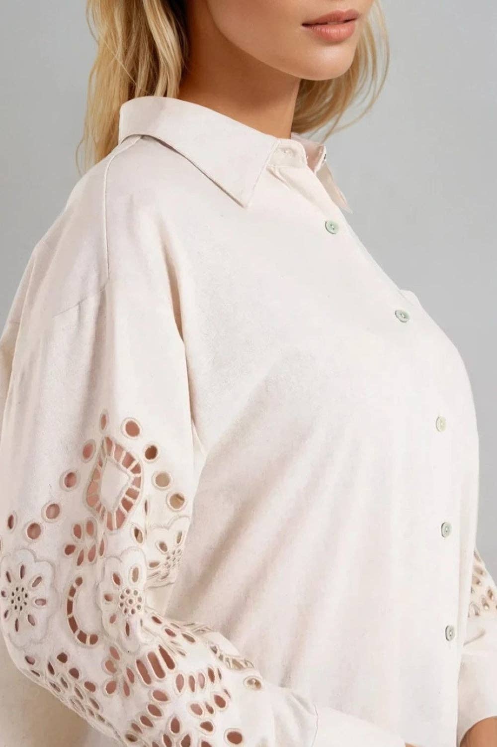 Aftershock London – wholesale Buttoned-down shirt – Women's – Beige Embroidered Sleeve Linen Blend Shirt1