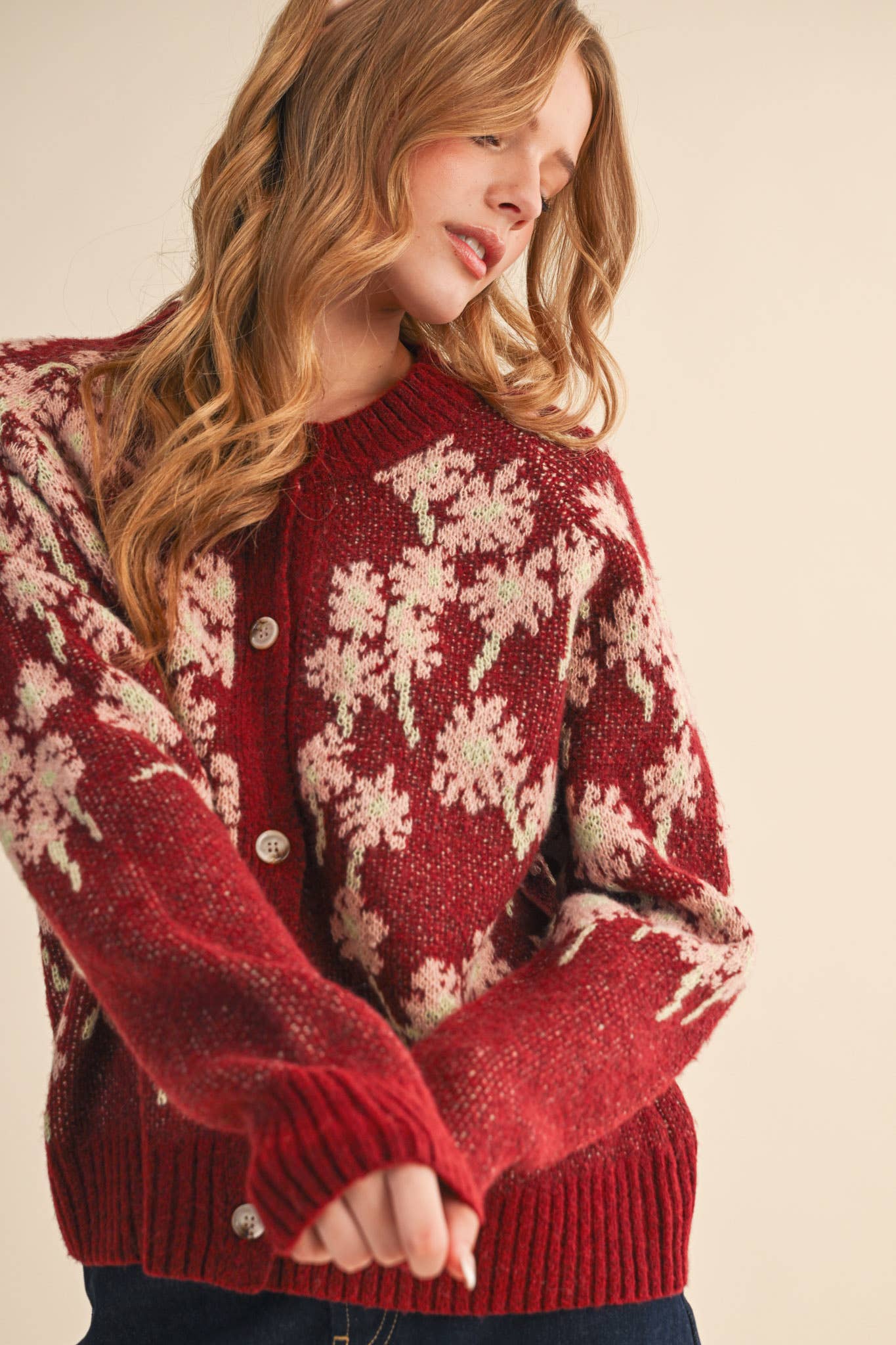 &MERCI - Wholesale Cardigan - Women's - FLORAL KNIT BUTTON DOWN SWEATER CARDIGAN MSW112380