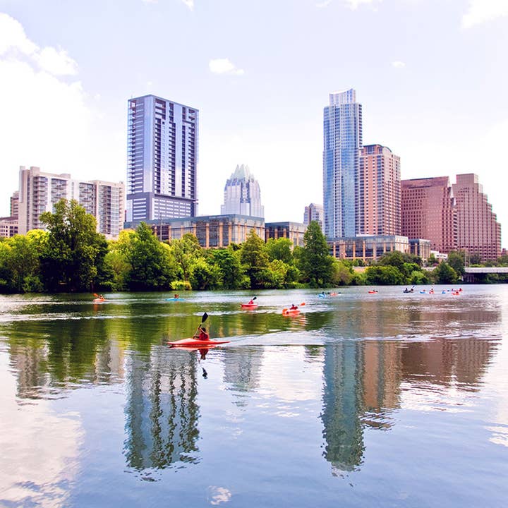 Lady Bird Lake Kayaks Ceramic Coaster for wholesale by South Austin Gallery