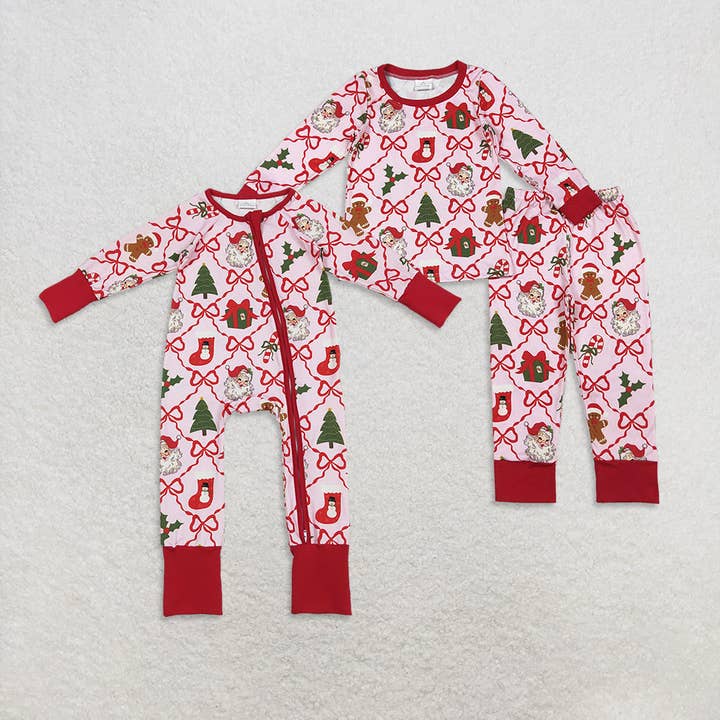Ensembles de pyjamas de Noël pour bébés filles avec nœuds, chaussettes du Père Noël, haut à carreaux, pantalon et grenouillères à fermeture éclair. pour la vente par Aier Wholesale
