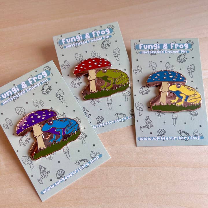Write Your Story – wholesale Lapel pin/button – Yellow Fungi & Frog Enamel Pin3