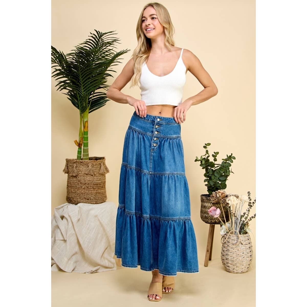 Med Wash Front Button 3 tiered Denim Skirt for wholesale on Faire9