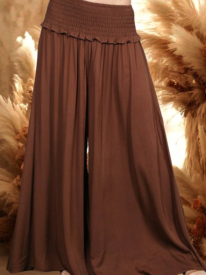 Smocked With Ruffle Waisted Wide Leg Pants VP82904 for wholesale by Vine & Love