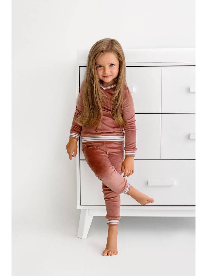 Pouf - Wholesale Sleepwear Set - Kids - Velour Varsity PJ- Dusty Rose