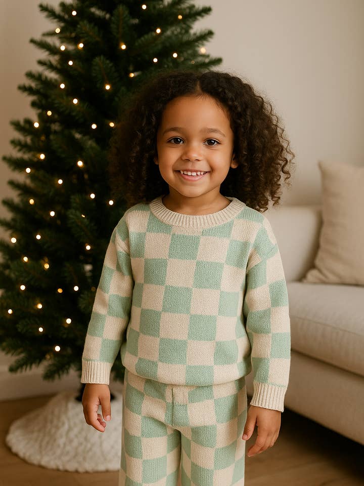 Crème en groen geruite gebreide 2-delige set voor wholesale door House of Henry