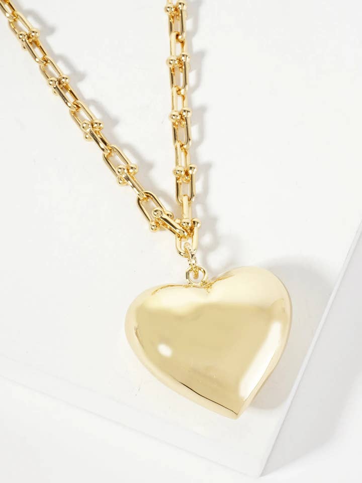 Polished Brass Puffy Heart Pendant 18K-Gold-Dipped HardWear-Chain Necklace for wholesale by Wild Honey
