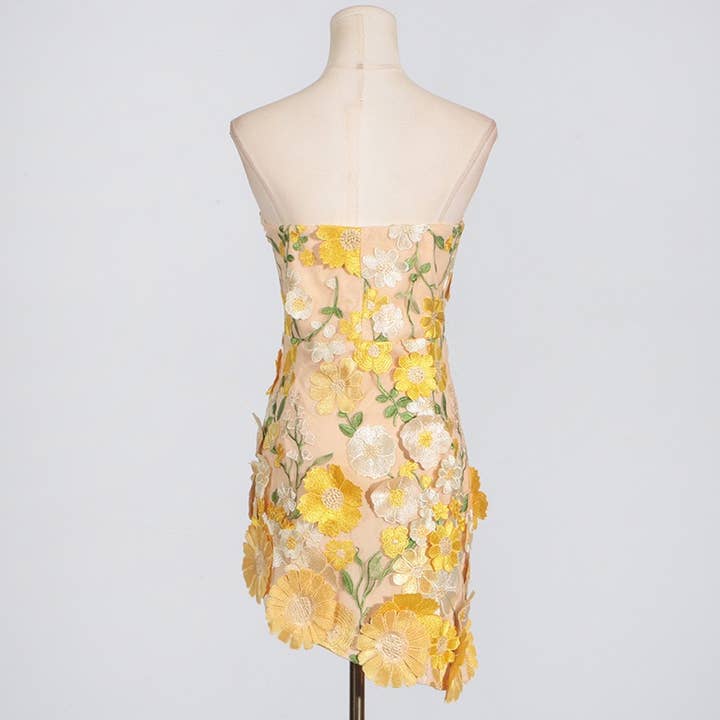 Yellow DR0281 Chic 3D Floral Applique Tube Top Short Summer Dress for wholesale on Faire