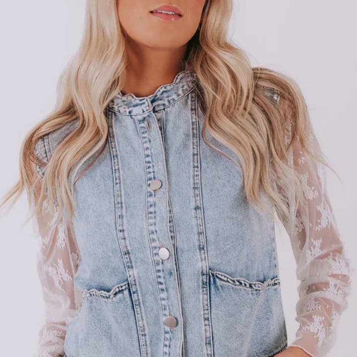 Beau Blue Scalloped Trim Patch Pocket Button Front Denim Vest and other Purchase Wholesale jeans button. Free Returns & Net 60 Terms on Faire trending on Faire.