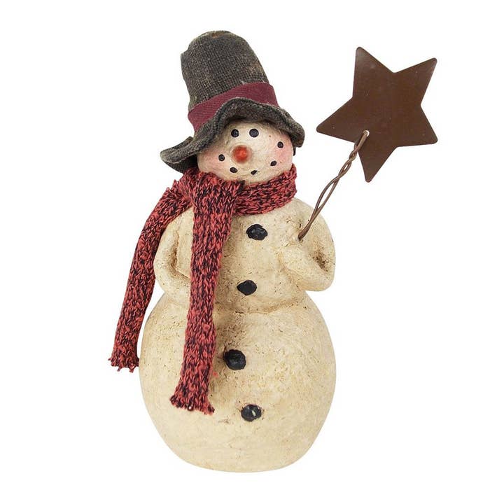 Boneco de neve de papel machê com lenço de crochê vermelho e picareta de estrela rústica, pé - 6,5" de altura por atacado de Birch Maison