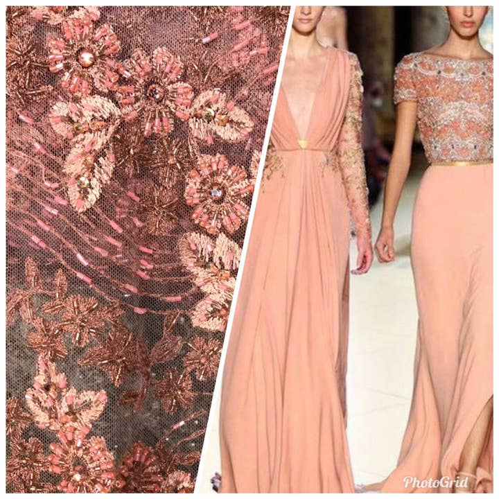 Beaded Peach & Coral Rhinestone Scalloped Edges Lace Mesh Floral Fabric for wholesale by Fancy Styles Fabric
