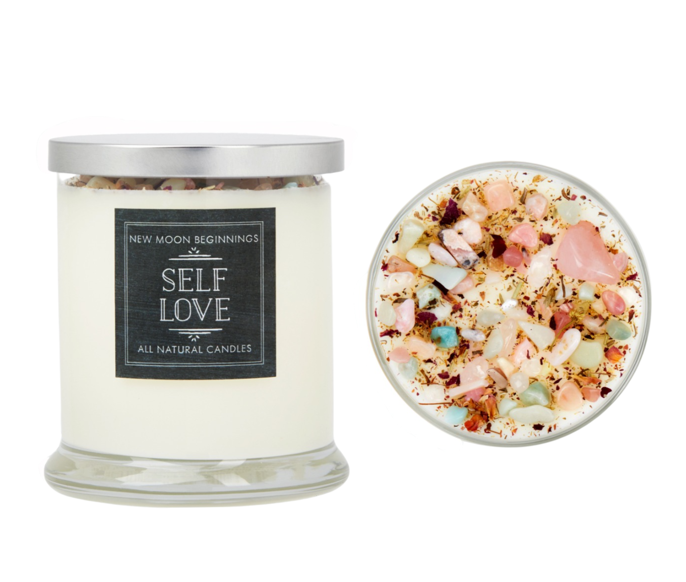 New Moon Beginnings - Wholesale Jar/Filled Candle - Self Love Candle - Dried Flower, Herb, & Crystal Candles10