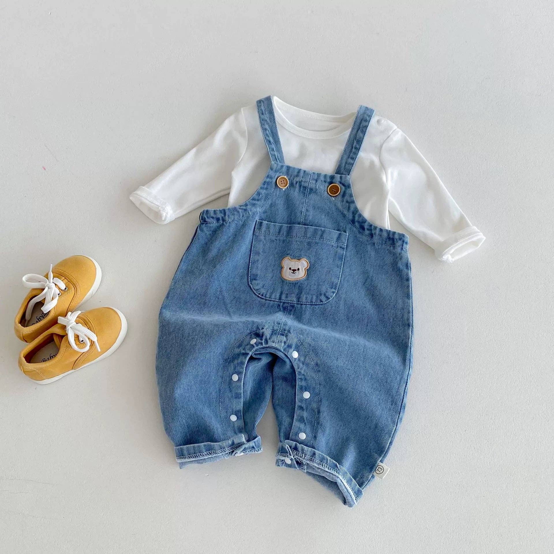 Blue Spring and Autumn Baby Kids Unisex Long Sleeves White Top and Denim Sleeveless Overalls Clothing Set for wholesale on Faire7