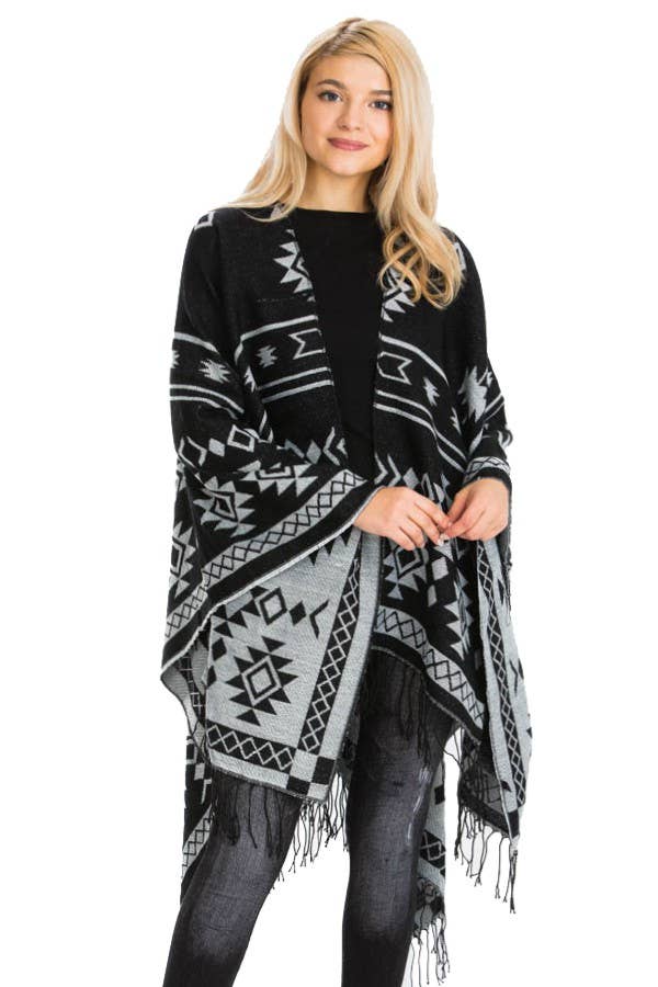 Cap Zone – Poncho - Mulher por atacado – Poncho ocidental reversível com padrão geométrico asteca4