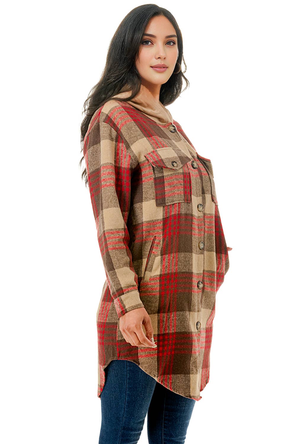 Color 5 - Wholesale Shirt Jacket/Shacket - Women's - Red beige plaid flannel long shacket with hoodie and pockets5