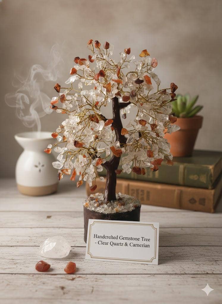 jiomind – Pedra/cristal espiritual por atacado – Árvore de pedra preciosa de quartzo transparente+cornalina (500 chips, fio dourado)1