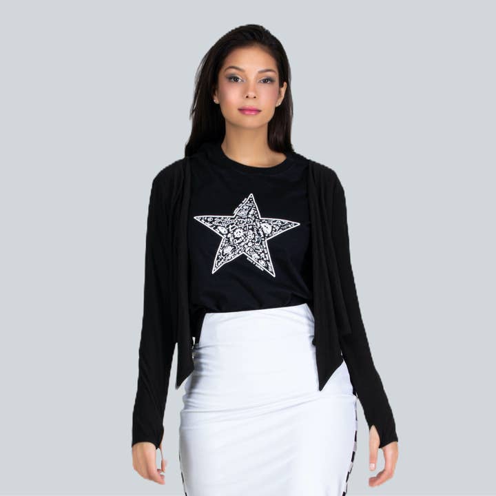 Fever1 Fashion – wholesale Cardigan – Women’s – Long Sleeve Black Bolero with Thumb Holes3