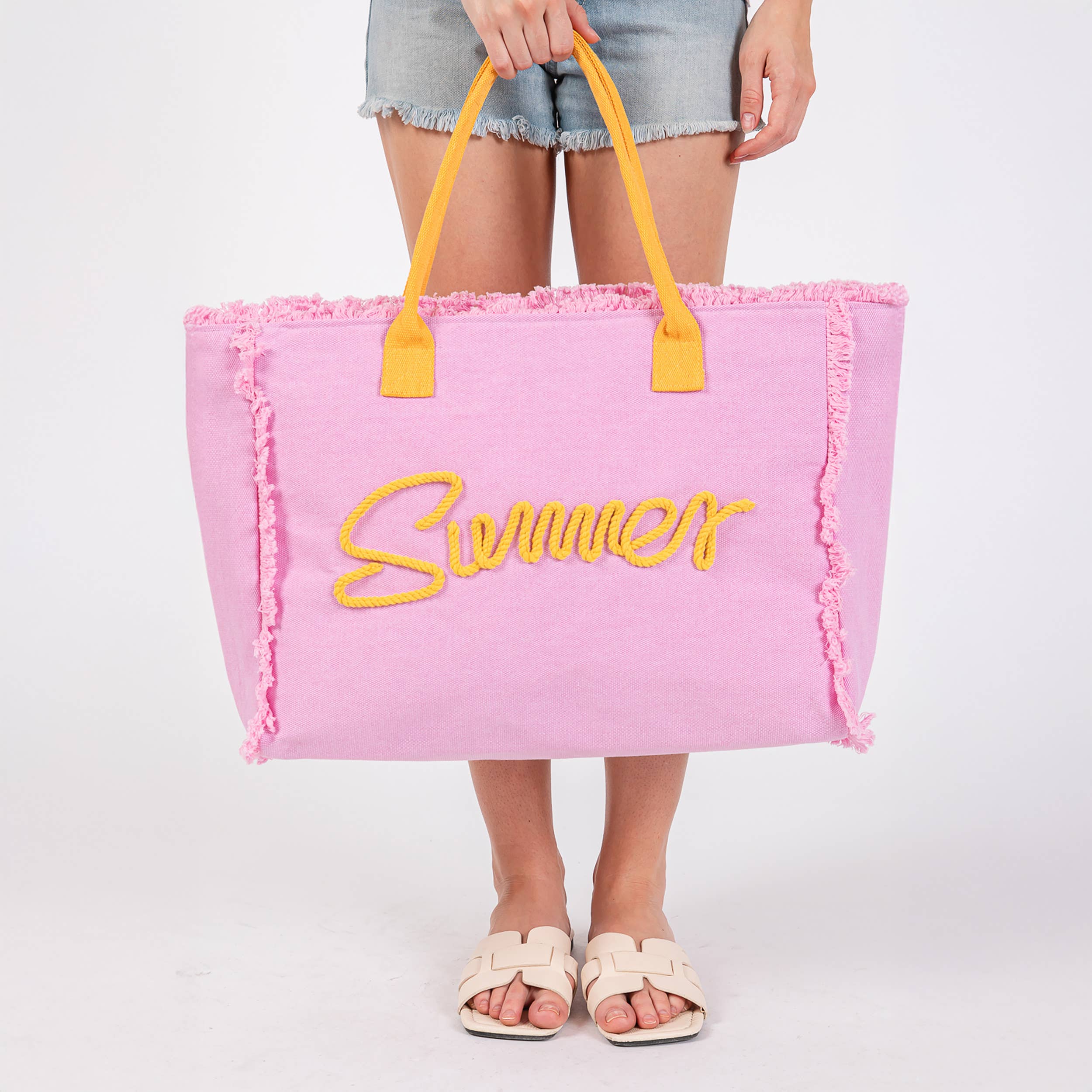 Hana – Saco de praia por atacado – Bolsa de lona amarela com franjas, corda costurada e palavra 'Summer'16