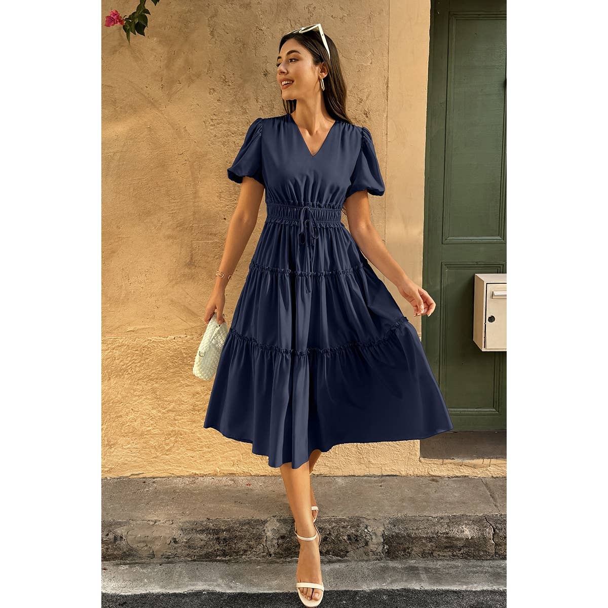 Supreme Fashion – wholesale Dress – Women's – Solid V Neck Puff Sleeve Elastic Waist Dress10