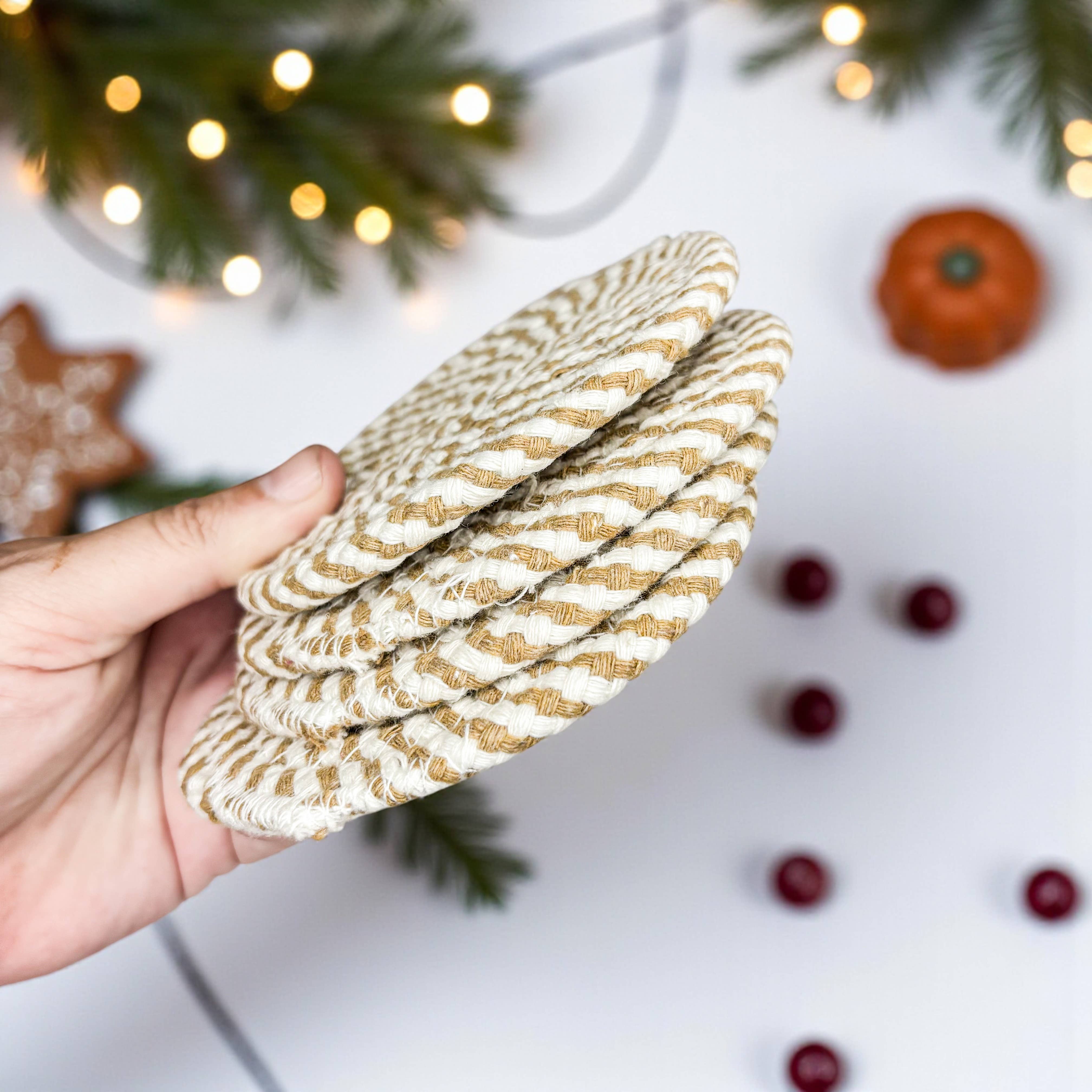 Gia Roma - Wholesale Coasters - Christmas Coasters, Red Candy Cane Braided Cotton Fabric Set74