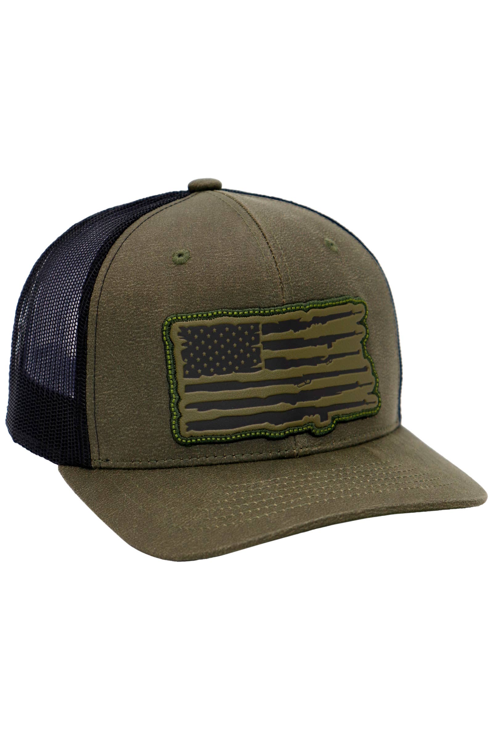 Cap Zone - Wholesale Trucker Hat - Unisex - Rifle American Flag Oiled Faux Leather Trucker Hat0