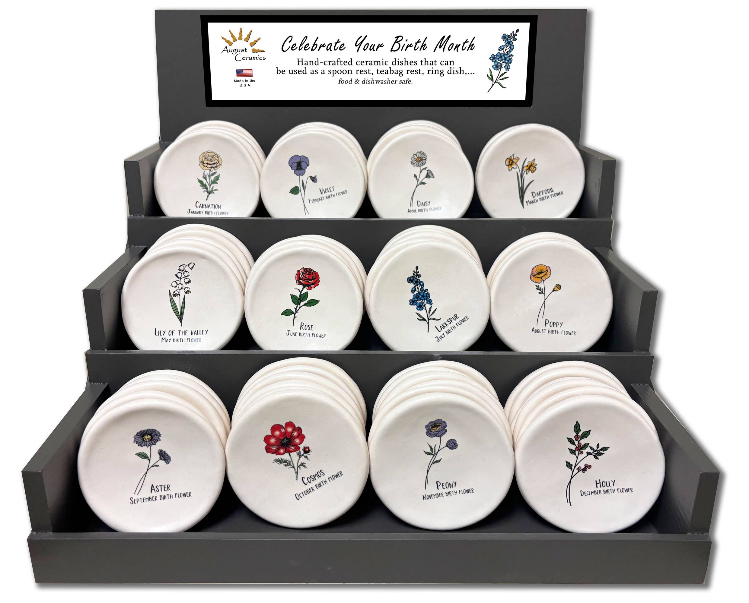 August Ceramics - Wholesale Jewelry Dish - 3.5" Ceramic Birth Month assortment with Tabletop Display