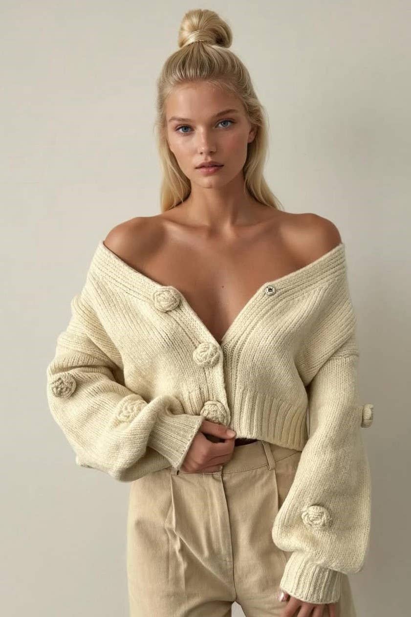 Anaz - Wholesale Cardigan - Women's - Tonal 3D flower Cardigan