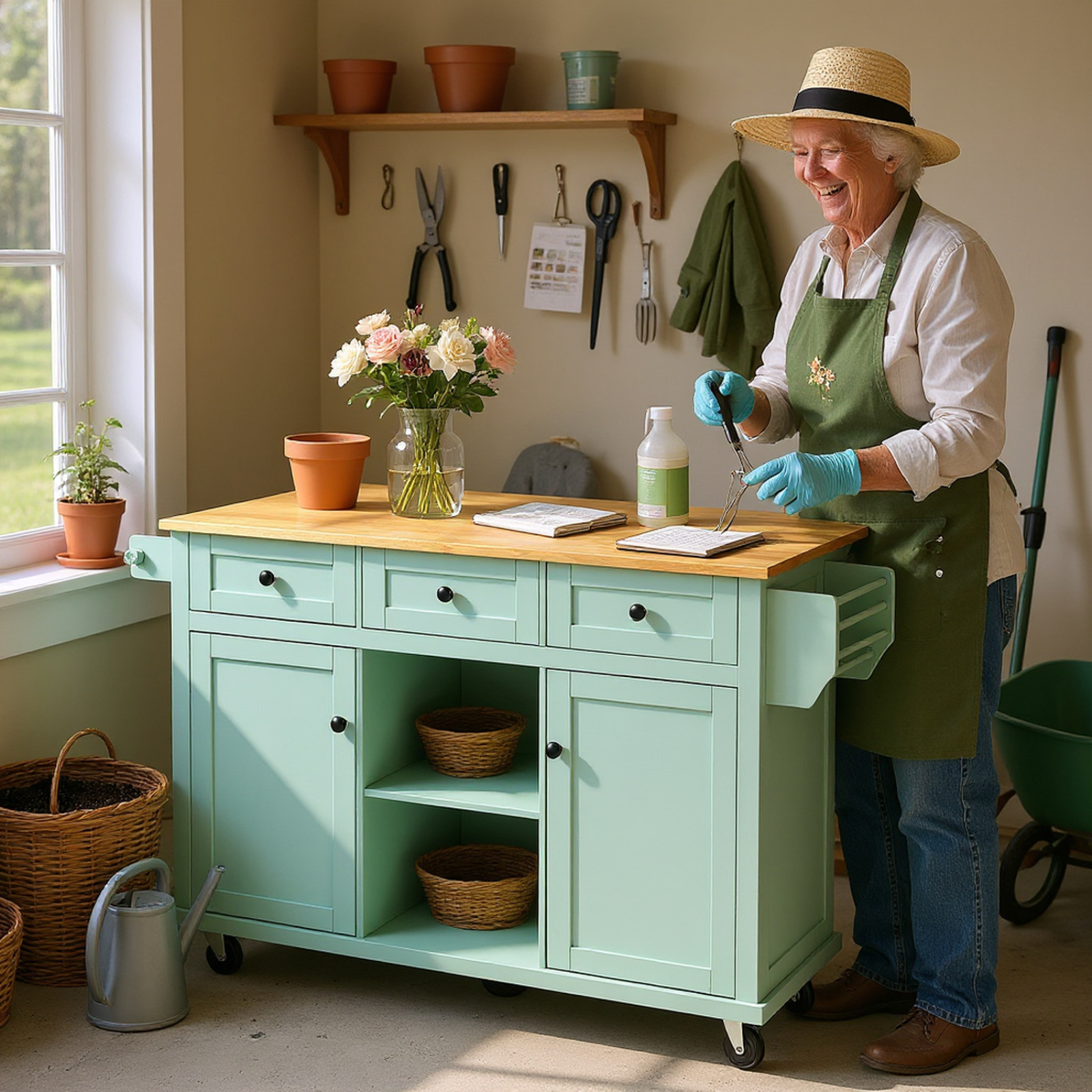HOMYCASA DESIGN INC - Wholesale Kitchen Storage/Organizer - Mint Green Rolling Work Cart & Drop Leaf Adjustable Storage1