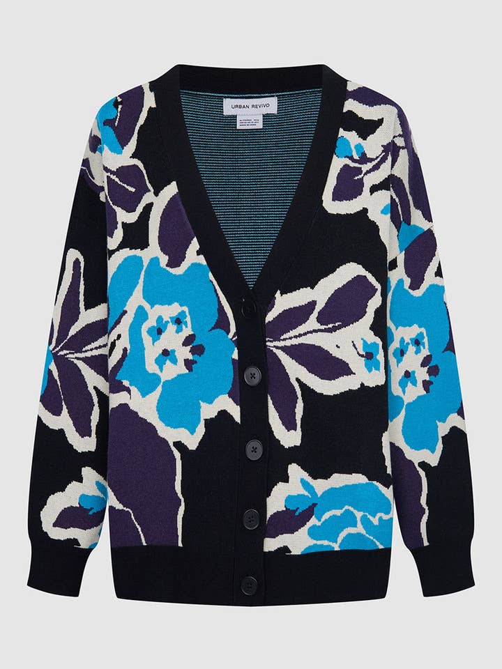 URBAN REVIVO Floral Jacquard Button Up Cardigan for wholesale by UrbanRevivo