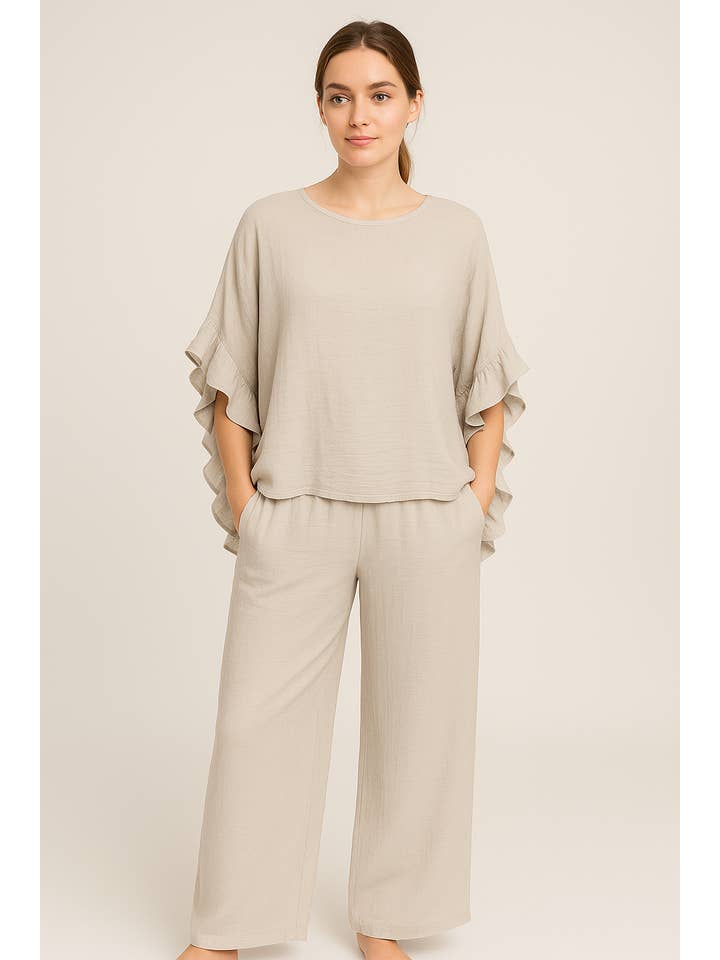 Lucy Sparks – wholesale Set med topp och byxa – Dam – KRINKLAT TYG BREDBENTA BYXOR CO-ORD