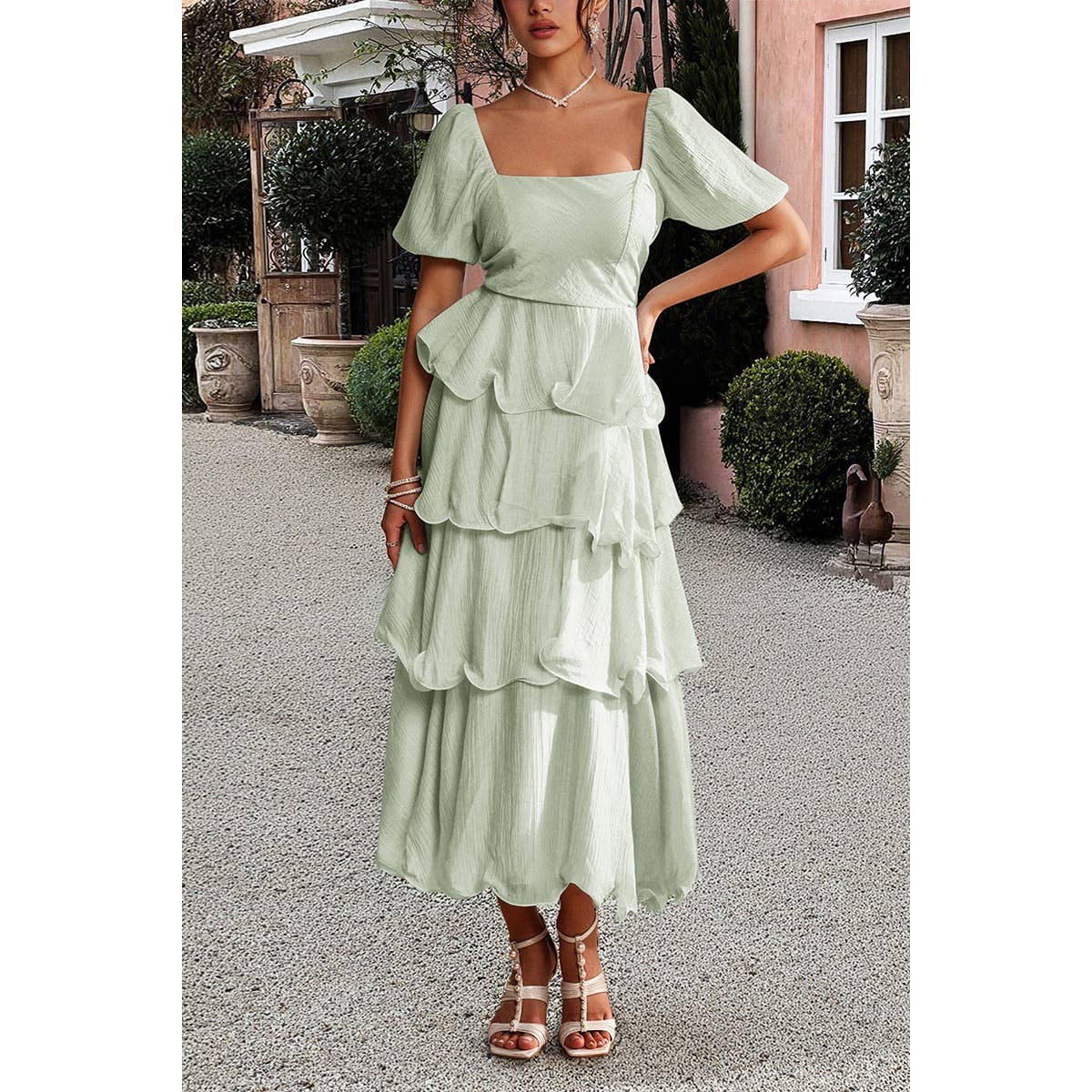 Supreme Fashion - Wholesale Dress - Women's - Off Shoulder Puff Short Sleeves Tiered Dress3