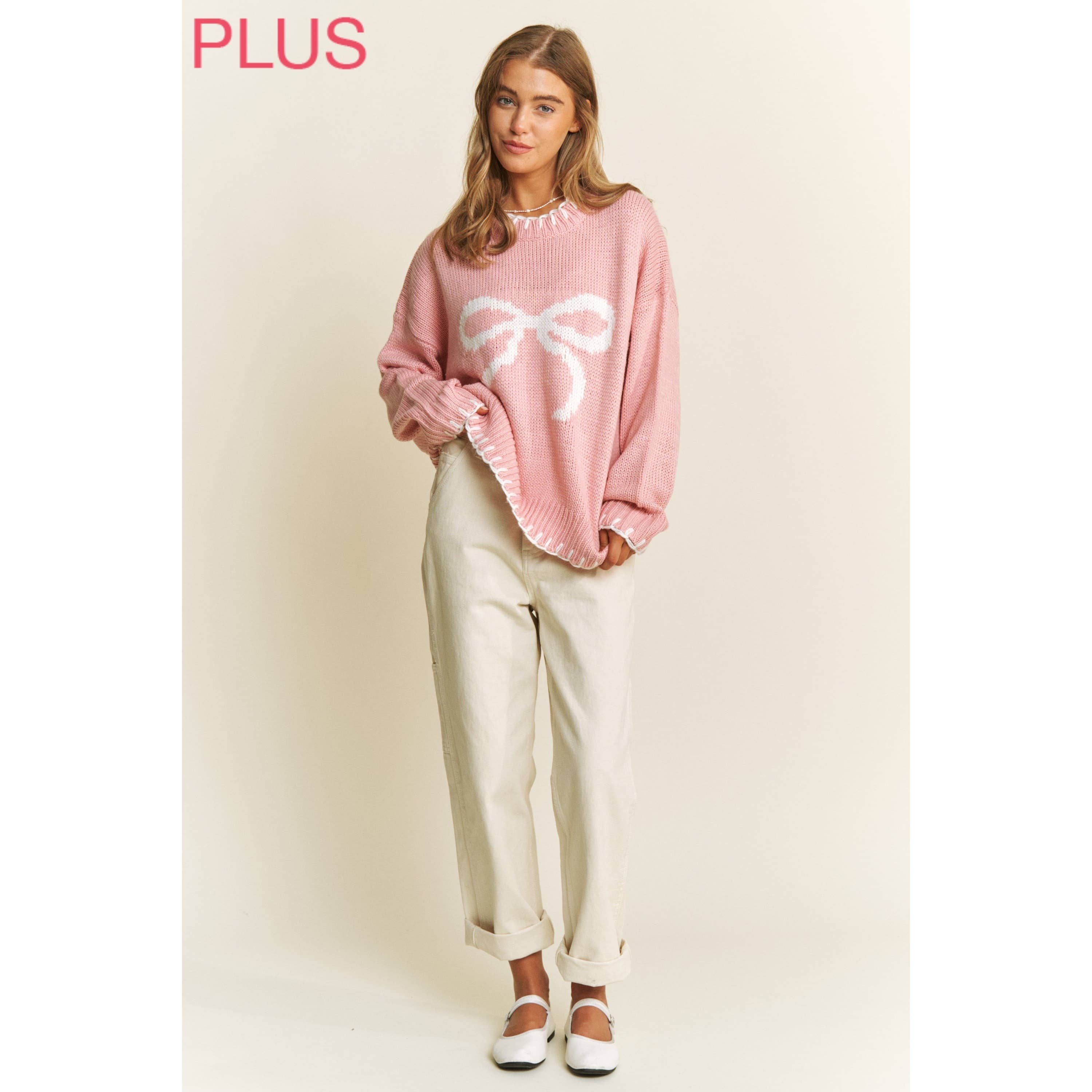Sweet Generis – wholesale Knitted jumper – Women′s – PLUS HOLIDAY BIG BOW SWEATER PULLOVER WITH CONTRAST EDGE STI15