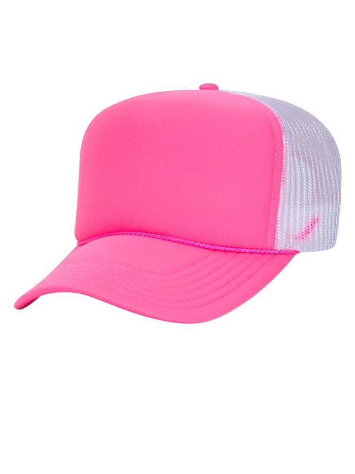 OTTO Neon Pink and White Foam Front High Crown Back Split Color Trucker Hat for wholesale by Wholesale Accessory Market