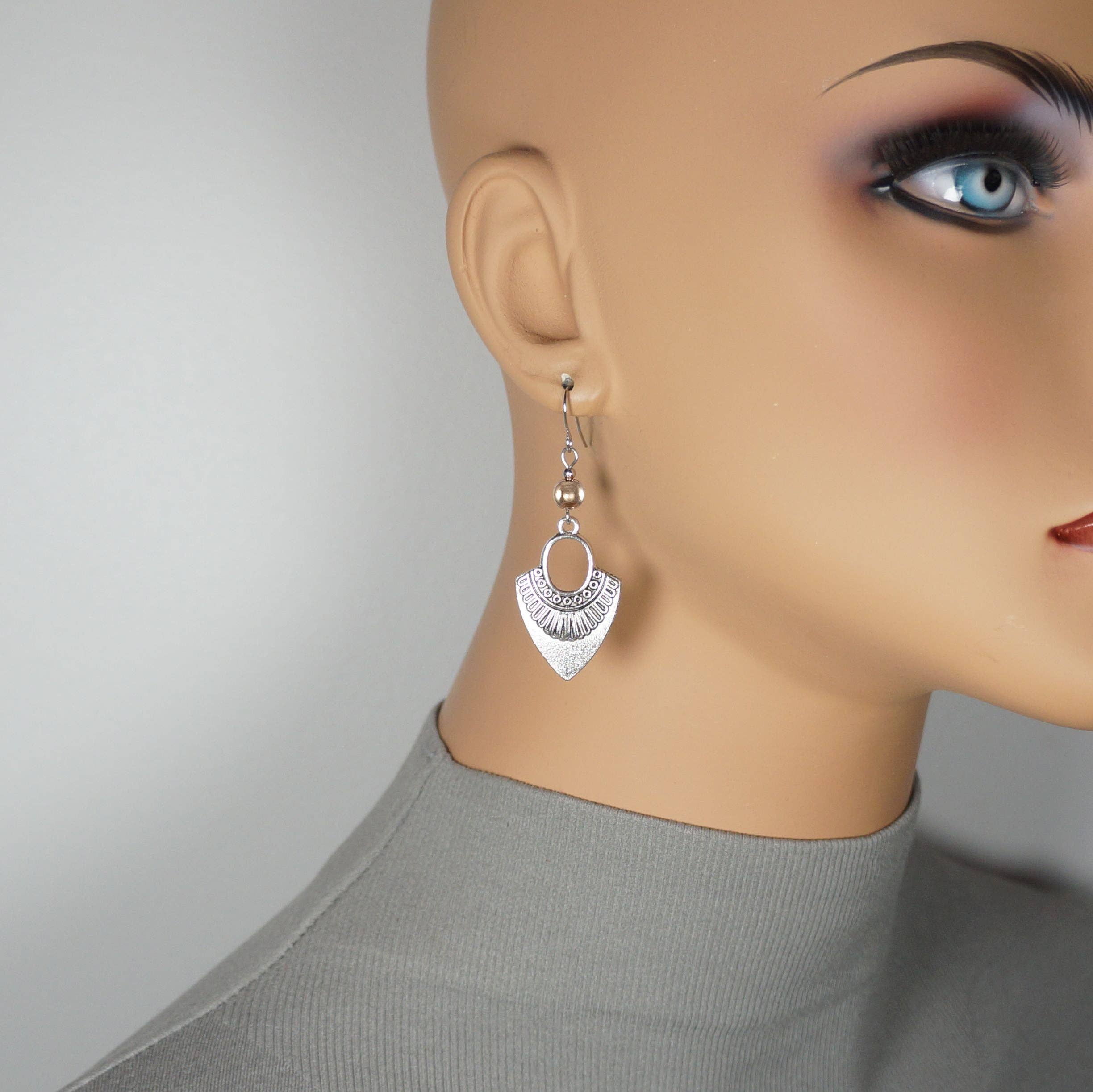 Jewelry by Dawn - Wholesale Dangle Earrings - Ethnic Antique Silver and Rose Gold Boho Dangle Earrings, Minimalist Everyday Silver Tribal, Platinum Ear Wires1