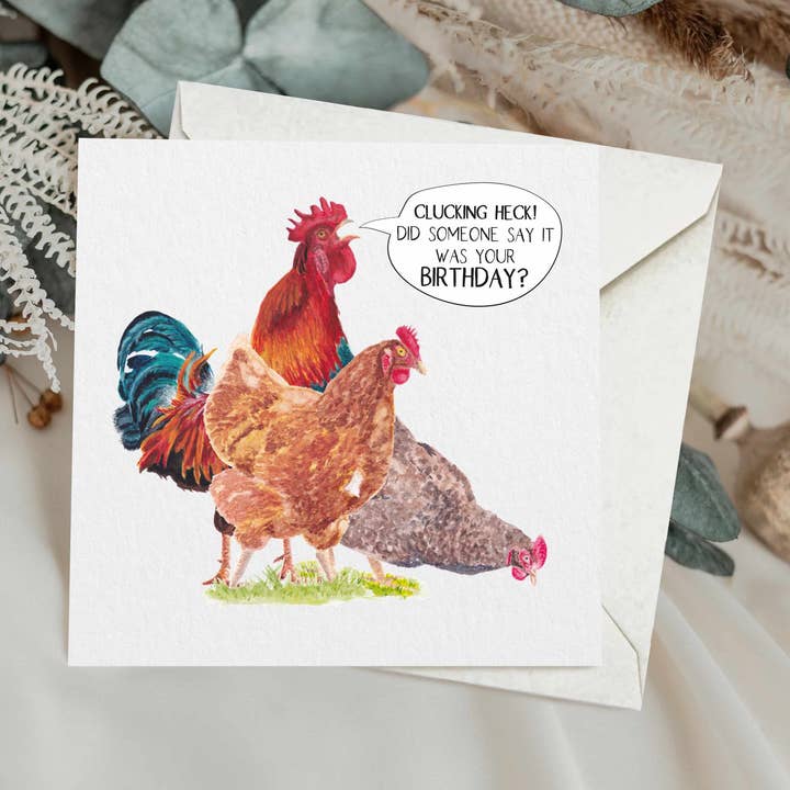 Funny Chickens Clucking Heck Birthday Greetings Card for wholesale by Gemini's Fine Art Studio