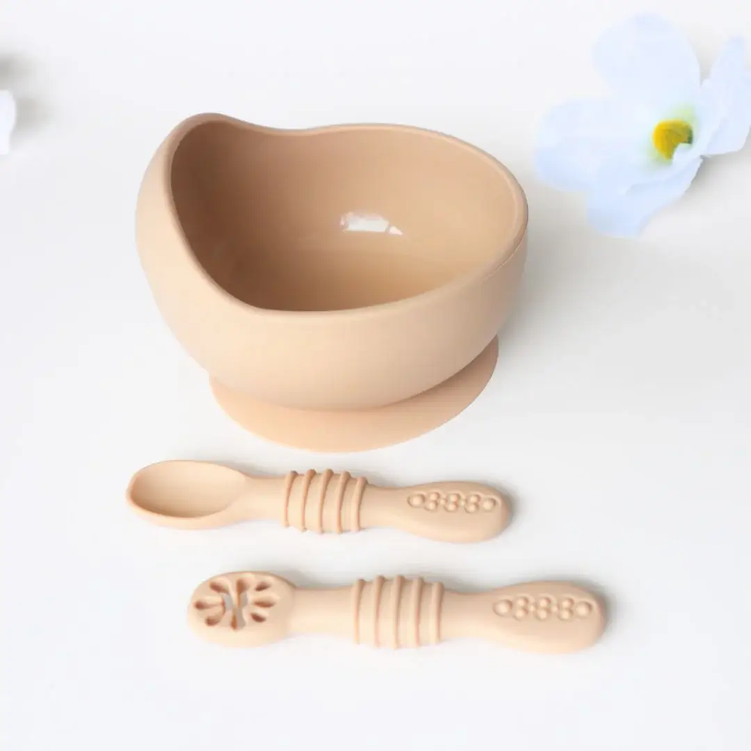Suction Bowl & Training Spoons - Almond for wholesale on Faire4