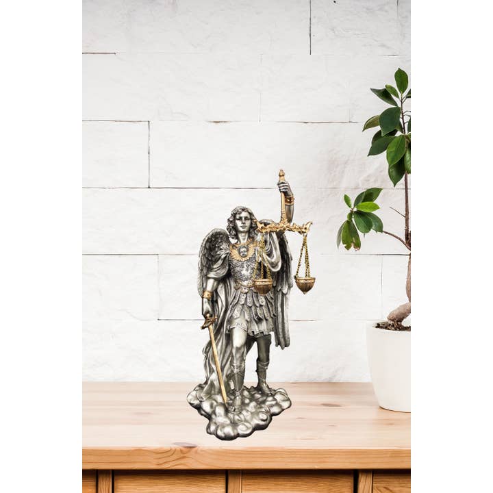 Goldscheider of Vienna - Wholesale Decorative Figurine - St. Michael-Scales of Justice Statue in Pewter Style 11"