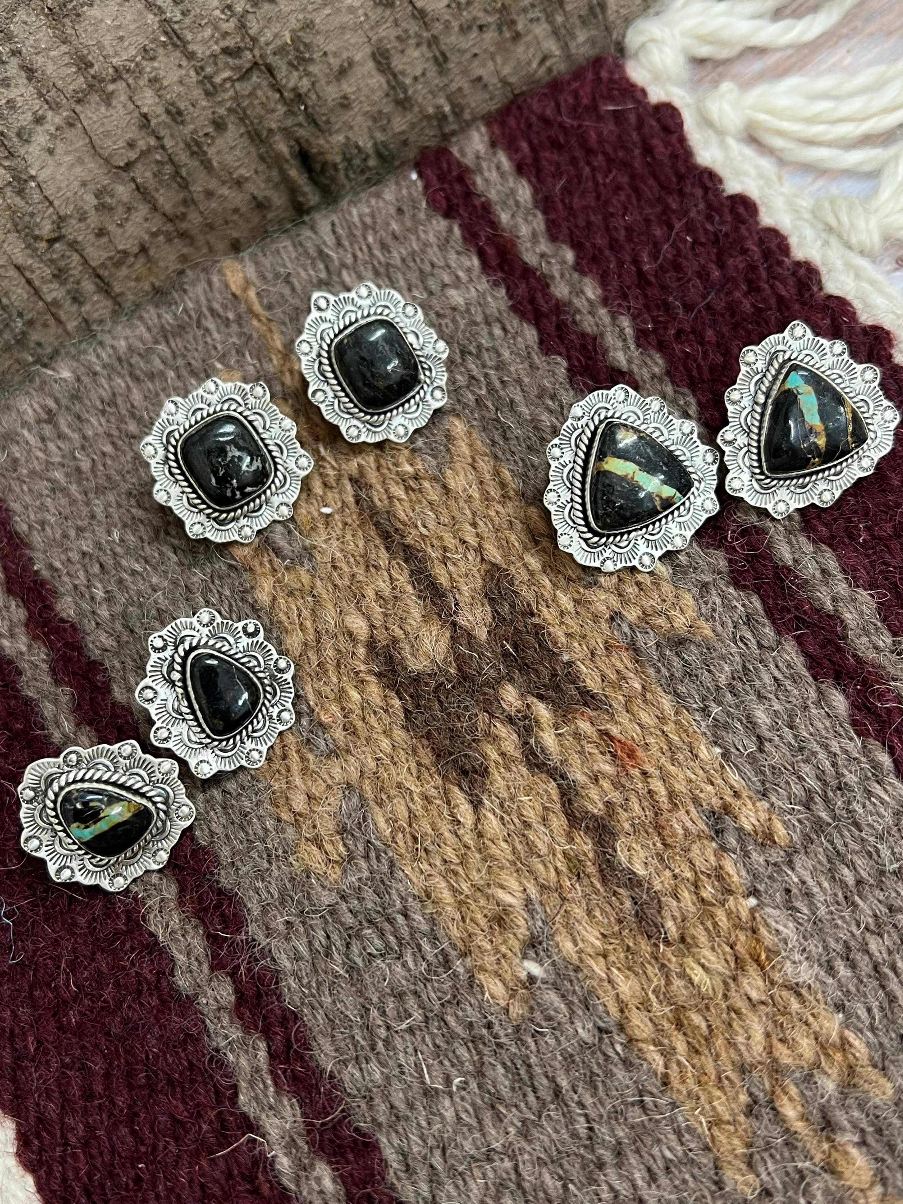 Nizhonitradersllc - Wholesale Stud/Post Earrings - Handmade Sterling Silver Black Jack Post Earrings with Signed Nizhoni1