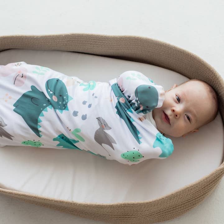 Buttery Soft and Stretchy Swaddle Blanket - Blue Dino for wholesale by Honey Lemonade- Minky Baby Blankets and Gifts